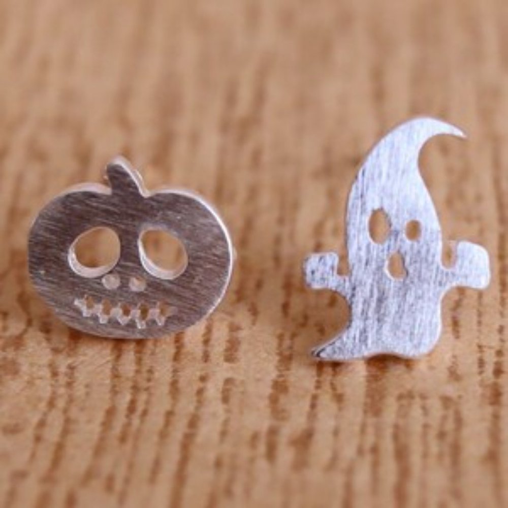 Spooky Boo ghost pumpkin halloween earrings 925 Sterling Silver Studs - Picture 3 of 3